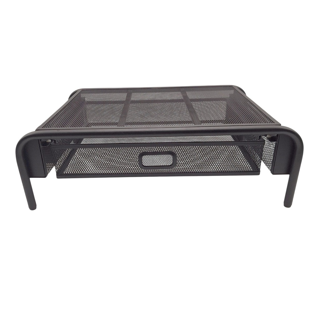 Black Metal Mesh Monitor Stand with Storage Drawer and Side Pockets